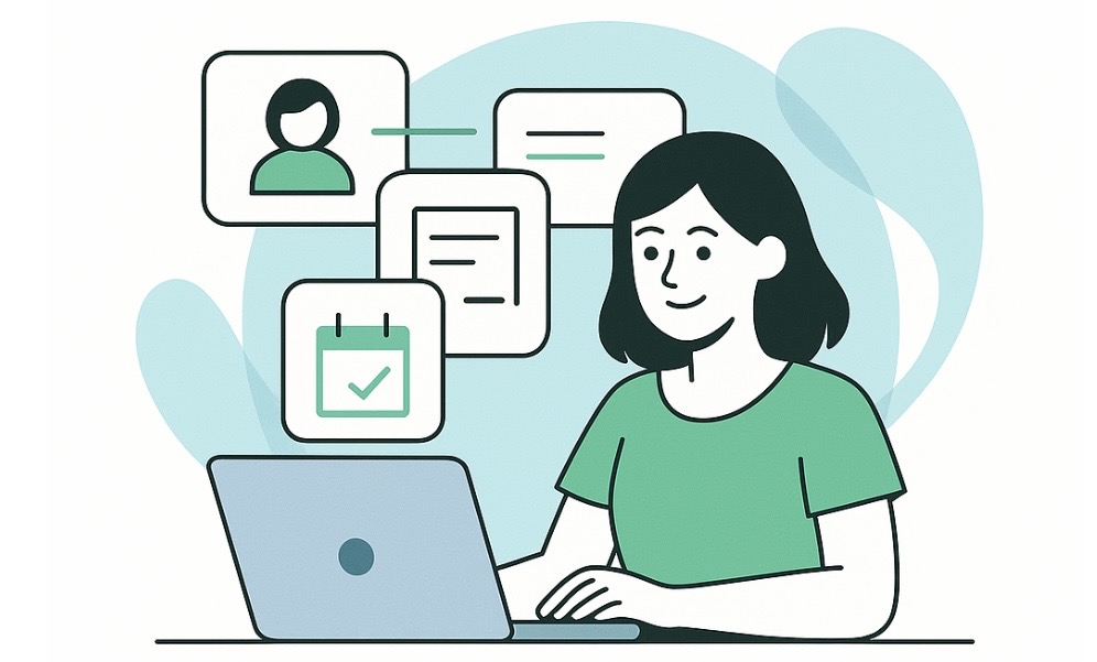Illustration einer Frau am Laptop, die mit aivanti Büroarbeit automatisiert erledigt.